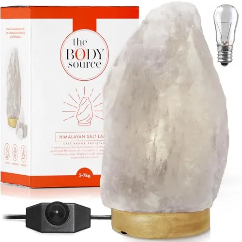 The Body Source Himalaya Salzlampe (5-7 kg) mit Dimmerschalterlicht aus der Salt Range Pakistan auf einem Holzständer