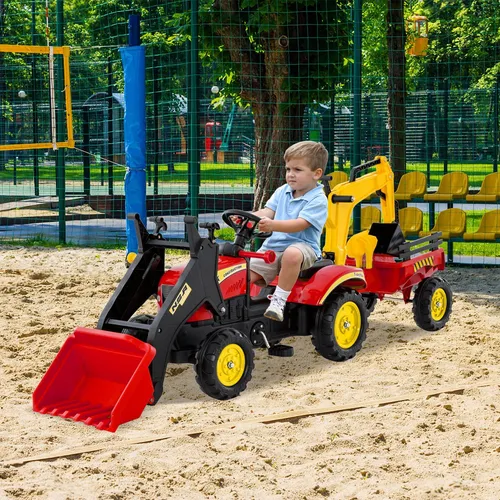 COSTWAY 3-in-1 Trettraktor mit Anhänger und Grabschaufel für Kinder