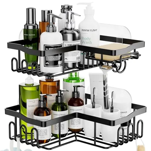 HapiRm Duschablage Ohne Bohren Ecke - Bad Eckregal Ohne Bohren mit 11 Haken Seifenschale und Rasiererhalter, Rostfrei Eckduschablage Dusche Regal für Badezimmer Küche Dusche, 6 Selbstklebend