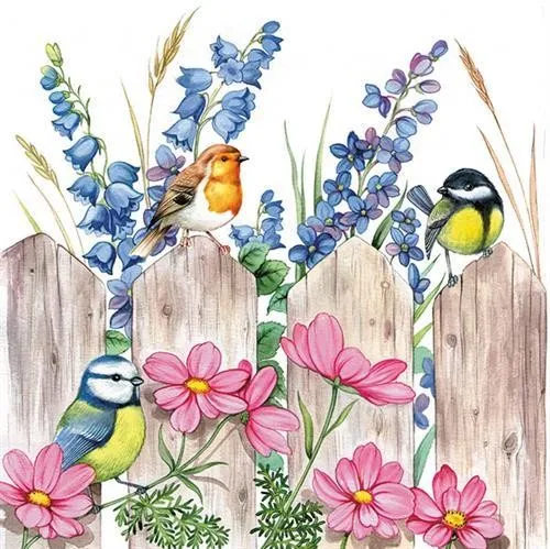Servietten Birds on Fence Vögel Blumen Zaun Tiere Frühling Sommer 33x33cm 20