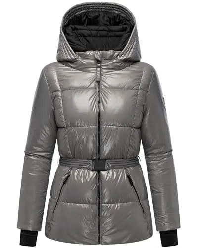 Navahoo Damen Winterjacke glänzende warme Steppjacke mit Taillengürtel Eisglanz 14 Grey Gr. L