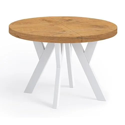 Dekori Möbel Runder Ausziehbarer Tisch Pero - Skandinavischer Loft-Stil - Esszimmertisch mit ausziehbaren Holzbeinen, ideal für flexible Essbereiche, Durchmesser von 90 bis 220 cm, in Eiche Lancelot/Weiß erhältlich.