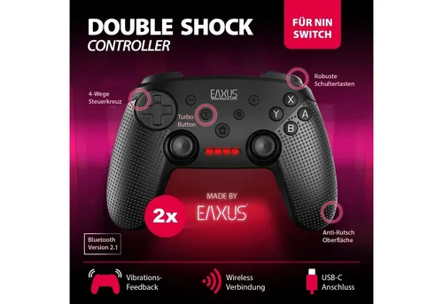 EAXUS Wireless Pro Controller für Nintendo Switch - Ergonomischer Bluetooth-Controller mit 2 analogen Joysticks und 500 mAh Akku für bis zu 10 Stunden Spielspaß, ideal für Gamer mit großen Händen.