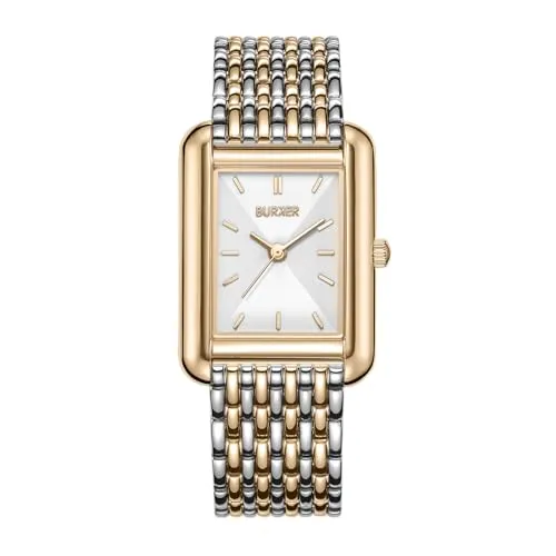BURKER Damenuhr Olivia, Quadratische Damen Armbanduhr Gliederarmband Edelstahl Analog Quarz 3-ATM Wasserdicht - 29 mm - Gold Silber