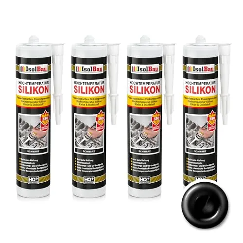 Isolbau Hochtemperatur Silikon Dichtmasse Motor, Dichtstoff, Reparatur & Füllung von Rissen in Kaminen & Öfen, hochtemperaturbeständig bis + 350 °C, 4 x 300 ml Schwarz