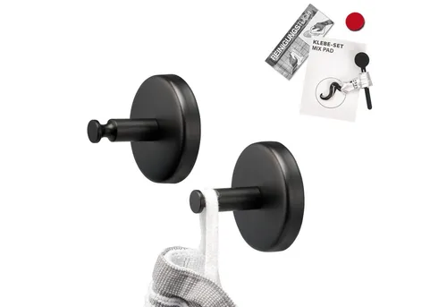 bremermann Handtuchhaken Bad-Serie PIAZZA BLACK - 2er Set mit Klebeset - Handtuchhaken 2er Set PIAZZA BLACK aus hochwertigem, rostfreiem Edelstahl in mattem Schwarz, inklusive Klebeset für einfache Montage ohne Bohren - ideal für stilvolle Badezimmerlösungen.