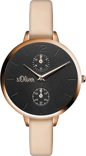 s.Oliver Quarzuhr SO-3535-LM - Elegante Damenuhr - Damenuhr mit modernem Design, roségoldfarbenem Edelstahlgehäuse und schwarzem Zifferblatt, wasserdicht bis 3 bar - perfekt für stilbewusste Frauen.