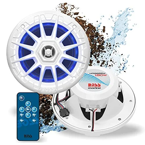 BOSS Audio Systems MRGB55W Bootslautsprecher, 13,3 cm (5,25 Zoll), wetterfest, 150 Watt pro Paar, je 75 Watt, mehrfarbige Beleuchtung, Vollbereichslautsprecher, 2-Wege, paarweise verkauft
