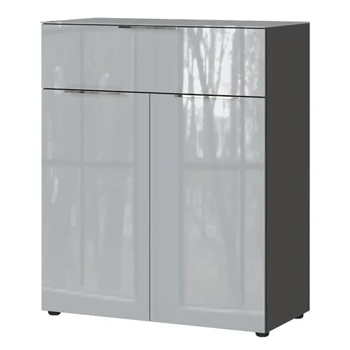 Lomadox Kommode Schrankkommode Anrichte Glasfront 83cm breit in Silbergrau mit Graphit