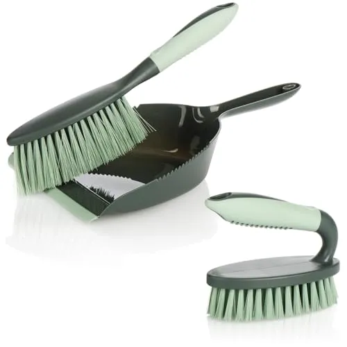 com-four® 3-teiliges Reinigungs-Set - Handfeger, Kehrschaufel, Handbürste - Kehrgarnitur für den Haushalt - Handfeger und Kehrblech (grau-hellgrün 3-TLG.)