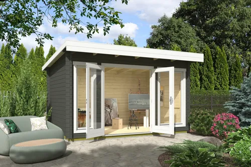 Gartenhaus Blockhaus Pultdach 34 mm Dorset 1 grün 410x270 cm - Gartenhaus aus hochwertigem Holz mit 34 mm Wandstärke, abschließbar und ideal für Gartenliebhaber, bietet 21 m³ Rauminhalt für optimale Nutzung.