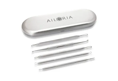 AILORIA Mitesserentferner PURE - 5-teiliges Set - Pflegeaccessoires mit 5 hochwertigen Edelstahl-Werkzeugen für effektive Mitesserentfernung, ideal für eine klare und schöne Haut.
