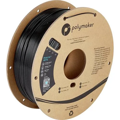 PolyMaker PolyLite PETG 1,75mm Schwarz 1kg - 3D-Drucker Verbrauchsmaterial, hochtransparente und robuste PETG-Filamente für präzise Druckergebnisse und einfache Handhabung.