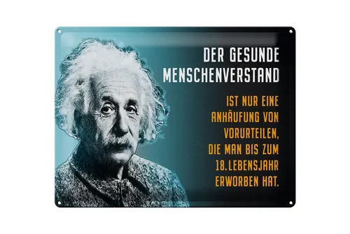 Femer GmbH Metallschild Zitat 30x40 cm Einstein Blau der gesunde Menschenverstand, (1 St), gewölbte Oberfläche, abgerundete Ecken, umgeschlagene Kanten