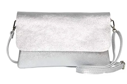 AMBRA Moda GLX11 - Damen Umhängetasche, Clutch, Handytasche aus echtem Leder mit abnehmbarem und verstellbarem Schultergurt, geeignet für Handys und Tablets bis zu 7 Zoll (Silber)