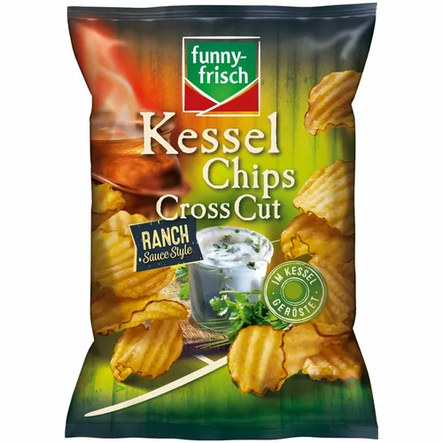 funny-frisch Kesselchips Cross Cut Ranch Sauce Style 120g - Chips mit einzigartigem Ranch-Sauce-Geschmack, perfekt für Snacks und Partys. Genussvolle Knusprigkeit in jeder Tüte!