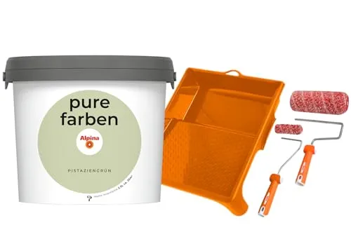 Alpina pure farben Wandfarbe Pistaziengrün - Farben: Strapazierfähige, atmungsaktive Innenfarbe mit hoher Deckkraft. Inkl. Roller-Set für ein optimales Streich-Erlebnis. Umweltfreundlich und emissionsarm.