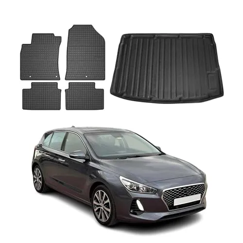 Fußmatten & Kofferraumwanne Set für Hyundai i30 2017-2025 - Fahrzeugspezifisches Set aus Gummi TPE für Hyundai i30, wasserdicht, rutschfest und leicht zu reinigen – ideal für ganzjährige Nutzung und optimalen Schutz.