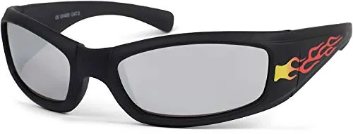 styleBREAKER Kinder Sport Sonnenbrille mit Flammen Print, Kunststoff Rahmen und Polycarbonat Gläser, Vollrand 09020089, Farbe:Gestell Schwarz/Glas Silber verspiegelt