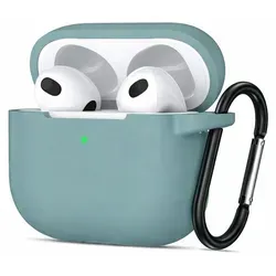 AirPods 3 Silikon Schutzhülle mit Karabiner, Soft Touch Case, stoßfeste Hülle, rutschfest, 360° Schutz, Salbeigrün - Grün