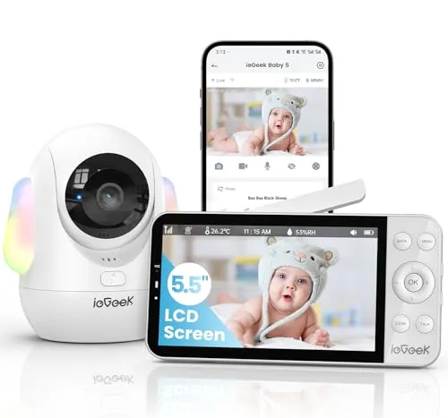 ieGeek Babyphone mit Kamera 2,5K/4MP, 5,5 Zoll WLAN Video babyfone (unterstützt 2,4 GHz und 5 GHz) PTZ 360°, Intelligentes Nachtlicht, Automatische Verfolgung, Weinen/Bewegungs, Mobile App