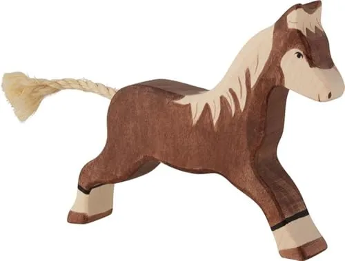 Holztiger 80034 Pferd, laufend, Dunkelbraun, ca. 16 x 2,8 x 12,8 cm | Holztier-Spielfigur für Pferdehof, Reiterhof und Bauernhof-Rollenspiel – Massivholz, handbemalt, Made in Europe