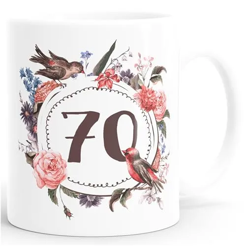 MoonWorks Geburtstags-Tasse 70 siebzig Geschenk-Tasse Kaffee-Tasse Blumen Blüten Blumenkranz weiß Unisize