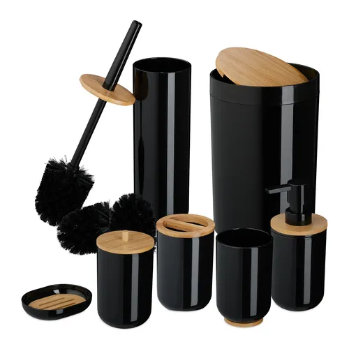 Badezimmer Set Badaccessoires 7-tlg. Bambus - Badezimmerzubehör-Set aus 7 Teilen, inklusive Abfalleimer und Seifenspender. Stilvolles Design aus Bambus, ideal zur Verschönerung Ihres Badezimmers.