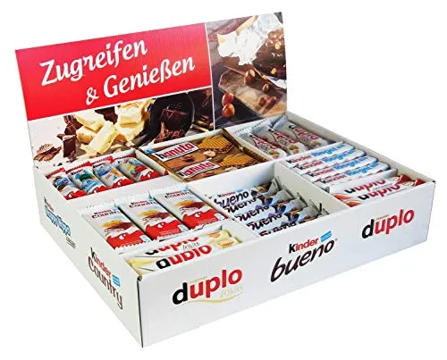 Ferrero Top Brand Box mit 78 Riegeln - Kinder, Duplo, Bueno, Hanuta - Schokoladenbonbons & Pralinen, ideal für Feiern und Büro, mit einer köstlichen Auswahl an beliebten Riegeln in einer praktischen Box.