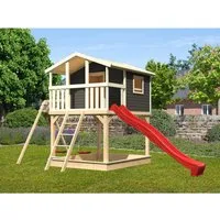 Karibu Stelzenhaus Benjamin Terragrau mit Doppelschaukel und Rutsche