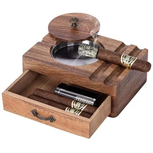 Zigarrenaschenbecher Holz – Mit Deckel, Herausnehmbarer Edelstahlschale, Ziga...