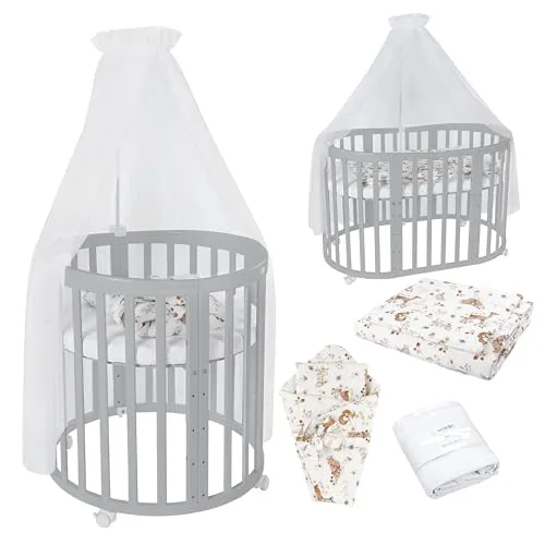 Waldin Babybett Mobiles Babybett OWAL 7in1 aus Holz mit Matratze - Gitterbett mit 7 Funktionen, aus FSC-zertifiziertem Buchenholz, ideal als Beistellbett oder Laufstall, inklusive Hochflauschiger Matratze und Sicherheitssitz!
