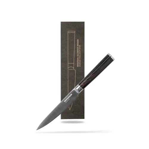 Reishunger 4er-Set Allzweck-Messer in Schwarz - (H)24 cm - Praktisches 4er-Set Allzweck-Messer aus Edelstahl mit Holzgriff, ideal für vielfältige Küchenanwendungen. Lieferung in einer stilvollen magnetischen Geschenkbox.