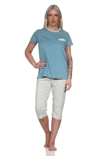 Normann Damen Kurzarm Schlafanzug mit Capri-Pyjamahose in Tupfen Punkte Optik, Farbe:blau, Größe:40-42