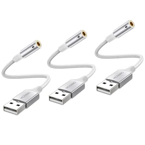 MOSWAG USB auf 3,5 mm AUX Klinke Stereo Externe Soundkarte Audio Adapter | 3er Weiß Konverter Adapte Kabel kompatibel mit Kopfhörer, PC, Laptop, Linux, Desktop, PS4 (Hinweis: Nicht für TV& CAR)