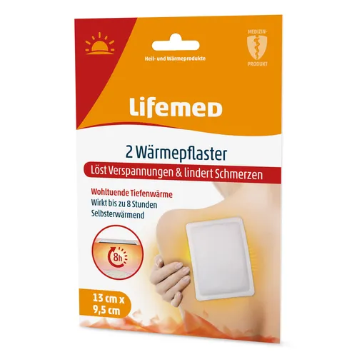 LifeMed Wärmepflaster 9,5 cm x 13 cm - 2er Pack - Pflaster zur gezielten Schmerzlinderung, bieten bis zu 8 Stunden wohltuende Wärme und sind selbstwärmend. Ideal bei Verspannungen und Rückenschmerzen.