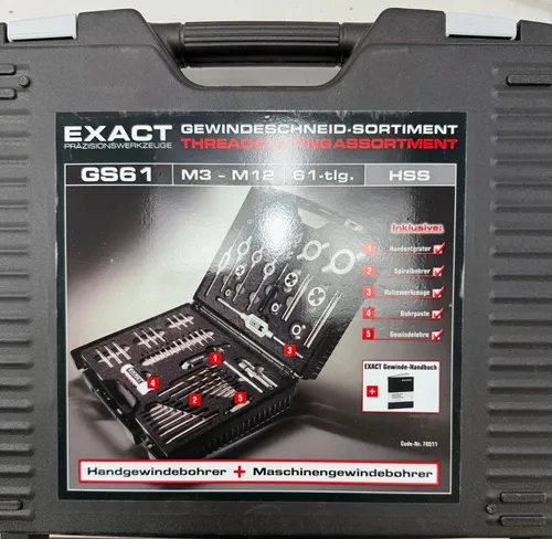Exact 70511 Gewindeschneidwerkzeug-Set HSS M3-M12 61-tlg. - Gewindebohrer & -schneider, umfassendes 61-teiliges Set für präzise Gewinde von M3 bis M12, ideal für Profis und Heimwerker.