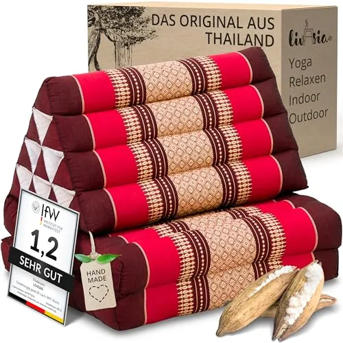 livasia Thaikissen mit 2 Auflagen - 120x50x8cm - Handgefertigtes Dreieckskissen für Entspannung - Genießen Sie entspannende Momente mit dem livasia Thaikissen. Die praktischen, faltbaren Auflagen bieten vielseitige Nutzungsmöglichkeiten und machen jeden Ort zur Wohlfühl-Oase. Handgefertigt und nachhaltig, ideal für Yoga oder Gartenpartys.