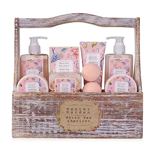 Geschenkset Pflegeset Badeset Wellness Vintage Deko Holzbox, 8tlg. Körperpflege - Damen Bade-Sets, 8-teiliges Set mit handverlesenen Pflegeprodukten, ohne Tierversuche und mit dem beruhigenden Duft von White Tea & Apricot.