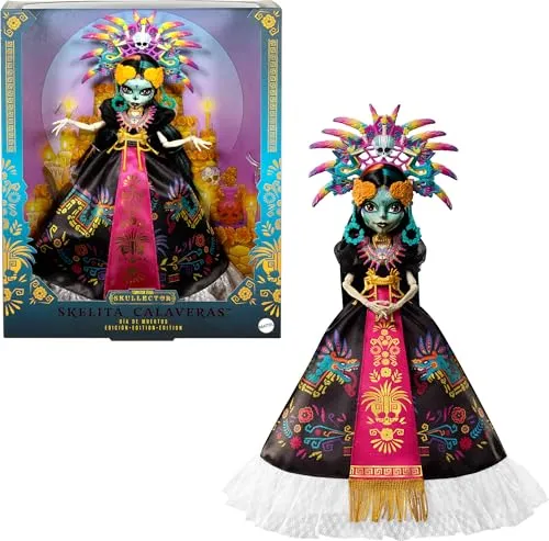 Monster High Puppe Skelita Calaveras Día de Muertos 2025 - Puppen-Kollektion mit atemberaubendem Azteken-Outfit und bunten Accessoires, eine einzigartige Hommage an den Día de Muertos und ihre familiäre Abstammung.