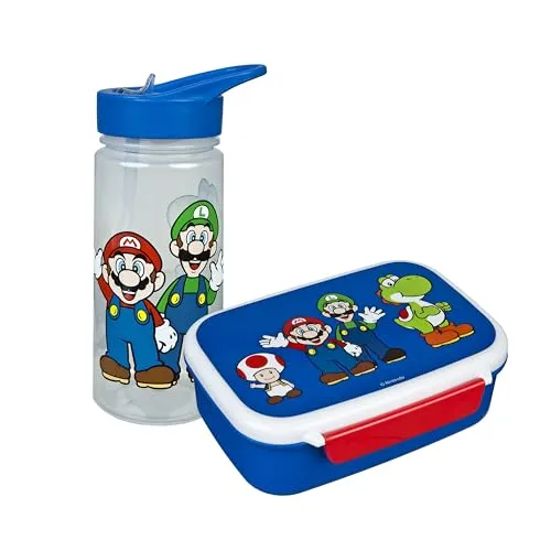 Scooli - Super Mario Kindergeschirr Geschenkset - Set bestehend aus Brotdose und Trinkflasche - ideal für Schule oder Kindergarten – ab 4 Jahren – aus Kunststoff – BPA frei