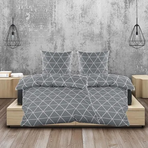 Casa Colori Biber Bettwäsche 135x200 cm | 4tlg. | Winter Garnitur | Baumwollmischung | mit Reißverschluss | Anthrazit Grau Dreiecke
