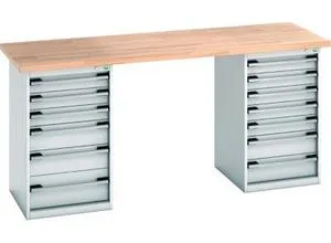 Bott Werkbank, Stahl, B 2000 x T 750 x H 940 mm, Tragkraft 1200 kg, Arbeitsplatte Buchenholz, 13 Schubladen, lichtgrau RAL 7035/Buche