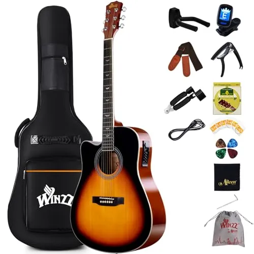Winzz Elektro Akustik Gitarre 4/4 für Linkshänder – Sunburst-Glänzend