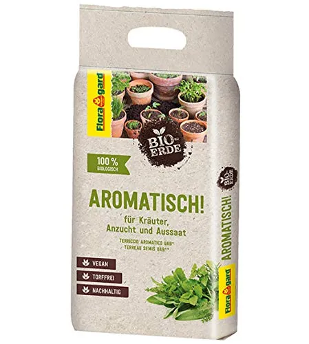 Floragard Bio-Erde Aromatisch 3 L – torffreie, vegane Kräuter- & Anzuchterde mit lockerer, feiner Struktur für Aussaat, Kräuter & Jungpflanzen – fördert Gute Keimung & gesundes Wachstum