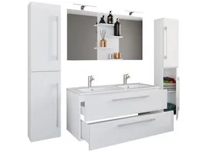 5-tlg. Waschplatz Budasi mit Spiegel und 2 Hochschränken - Badmöbel-Set mit modernem Doppelwaschbecken aus Keramik, Unterschrank mit Schubladen und Spiegel mit 4 Ablageböden für optimalen Stauraum und Stil im Badezimmer.