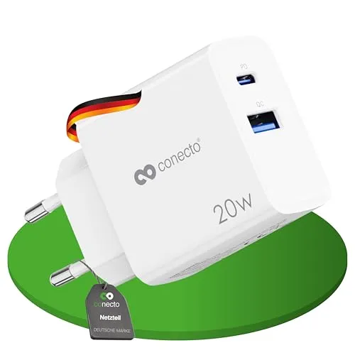 conecto USB C Ladegerät, 2 Port Mehrfach Adapter, Netzteil 20 Watt Schnellladegerät kompatibel mit Apple iPhone 15, Samsung, Tablet, Laptop UVM, PD QC Charger, Weiß