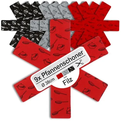 COM-FOUR® 9X Pfannenschutz Ø 38 cm aus Filz - Hitzebeständig, Stapelschutz Pfannenschoner - Schutz vor Kratzern - Zuschneidbare Pfannenschutzmatte für Töpfe & Schüsseln (09 Stück - grau/rot/schwarz)