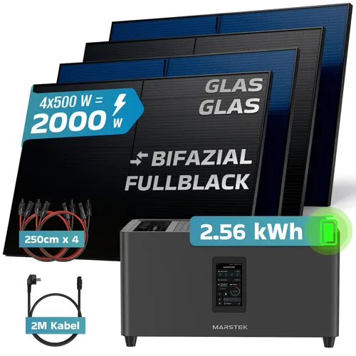 SUNNIVA® 2000W Balkonkraftwerk mit 2,56 kWh Speicher MARSTEK Jupiter C + Plus - Komplettset für Mini-PV-Anlage mit 4x 500W bifazialen Solarmodulen. Einfacher Steckdosenanschluss, ideal zur Unterstützung der Energieversorgung von Haushaltsgeräten. Hohe Effizienz auch bei schwachem Licht.