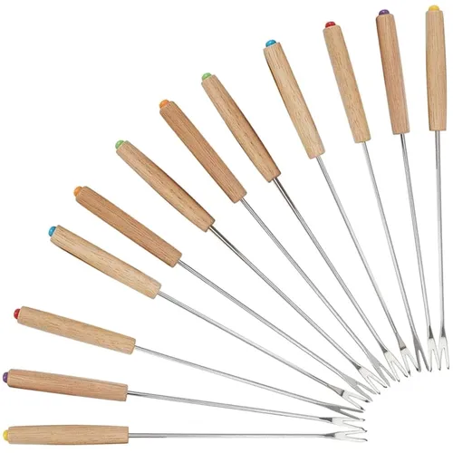 Fonduegabel Edelstahl, Holzgriff, 12 Stück, BBQ Spieße, Grillzubehör